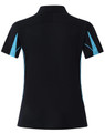 A black polo shirt with turquoise accents, featuring short sleeves and a logo on the back.