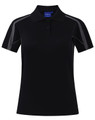 A dark brown short sleeve polo shirt featuring grey accents and a collar. It has a logo on the chest area.