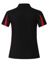 A black short sleeve polo shirt with red accents and a logo on the collar.