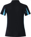 A black polo shirt with short sleeves featuring turquoise accents and a logo on the back.
