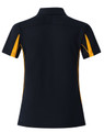 A black polo shirt with short sleeves featuring orange side panels and a logo. Back view displayed.