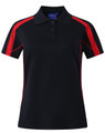 A black polo shirt with red accents, featuring short sleeves and a collar. It has a logo on the chest area.