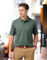 A green polo shirt with a collar, featuring short sleeves and a logo on the chest.
