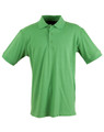 A green polo shirt with a collar and three buttons, featuring a small logo on the chest.