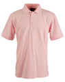 A light pink polo shirt with a collar and three buttons, featuring a logo on the chest.