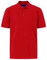 A red men's cotton stretch polo shirt, featuring a collar and short sleeves, with a small logo on the chest.