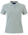 A ladies cotton stretch polo in a light green shade, featuring a collar and a button-up front. It has a logo.
