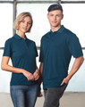 A teal men's polo shirt with a classic collar and a logo, displayed on a male model.