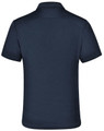 A navy blue polo shirt with a collar, featuring a logo, shown from the back.