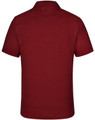 A maroon men's polo shirt featuring a collar and short sleeves, with a logo on the back.
