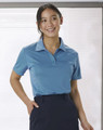 A light blue ladies' polo shirt with a collar and a logo on the chest.