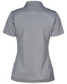 A grey polo shirt with a fitted design and a collar, featuring a logo on the back.
