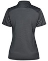 A dark grey ladies' polo shirt with a collar and a logo on the back.