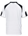 A white polo shirt with black accents and a logo on the back. Suitable for casual wear.