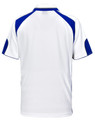 A white polo shirt with blue accents, featuring short sleeves and a collar. It has a logo on the front.