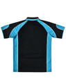 A black polo shirt with blue accents and a logo on the back.