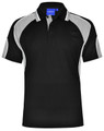 A black polo shirt with grey accents and a collar. It features a logo on the chest area.