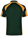 A polo shirt featuring a dark green body with yellow accents and a logo on the back.
