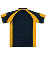 A navy and gold men's polo shirt featuring a logo. The shirt has short sleeves and a classic collar.