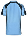 A light blue children's polo shirt featuring dark blue accents and a logo on the front.