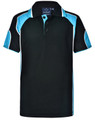 A black polo shirt with turquoise accents and a branded logo on the collar.