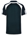 A dark green polo shirt featuring a contrasting white trim and a logo on the front.