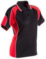 A black and red ladies' polo shirt featuring a collar and contrast piping, with a logo on the chest.