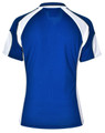 A blue and white ladies' polo shirt featuring a sporty design and a logo.