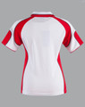 Ladies' polo shirt in white and red, featuring a sporty design with a logo on the back.