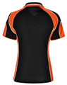 A black polo shirt with orange and white accents, featuring a logo. Short-sleeved with a sporty design.