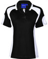 A black and white polo shirt featuring a collar and short sleeves, with a logo on the front.