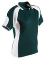 A green and white polo shirt featuring a collar and short sleeves, with a logo on the chest.