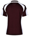 A maroon and white polo shirt featuring a sporty design and a logo on the back.