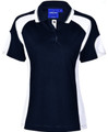 A navy and white polo shirt with short sleeves and a collar, featuring a branding logo.