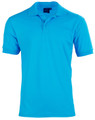 A bright blue polo shirt featuring a collar, short sleeves, and a logo on the front.
