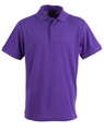 A purple polo shirt with a collar and three buttons, featuring a logo on the chest area.