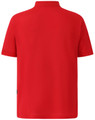 A bright red men's polo shirt with a classic collar and short sleeves, featuring a logo.
