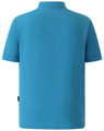 A bright blue men's polo shirt featuring a collar and short sleeves, with a branding logo on the back.