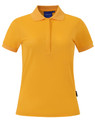 A women's polo shirt in bright yellow, featuring a collar and a logo on the side.
