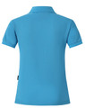 A turquoise polo shirt for women featuring short sleeves and a standard collar. It has a logo on the back.
