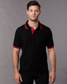 A black polo shirt with red collar and sleeve stripes, featuring a logo on the chest.