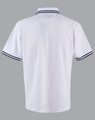 A white polo shirt featuring a collar with navy stripes and a logo on the back.
