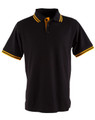 A black polo shirt with yellow striped accents on the collar and sleeves, featuring a logo on the chest.