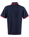 A navy polo shirt with red trim on the collar and sleeves, featuring a logo on the front.