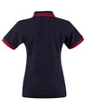 A navy polo shirt with red striped detailing on the collar and sleeves. It features a logo on the front.