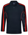 A long sleeve polo shirt in black with red accents and mesh detailing on the sleeves. Features a logo.