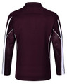 A maroon long sleeve polo shirt with white accents and a mesh panel design. It features a collar and a branded logo.