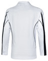 A white long sleeve polo shirt with black accents and a logo on the front.