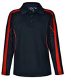 A long sleeve polo shirt in black with red accents and mesh detailing, featuring a collar and buttons.