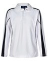 A white long sleeve polo shirt featuring black side panels and a collar, with a logo on the collar.
